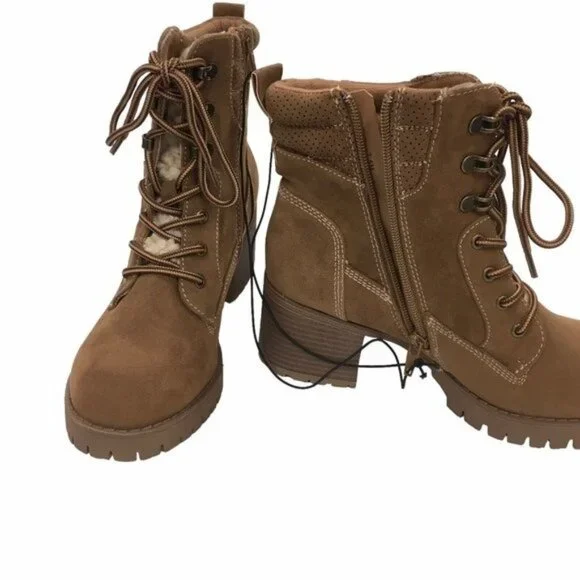 Chunky Heeled Boots Y2K 90s Lug Sole Women 7.5 M Lace Up Shearling Accent Zipper - Picture 3 of 14